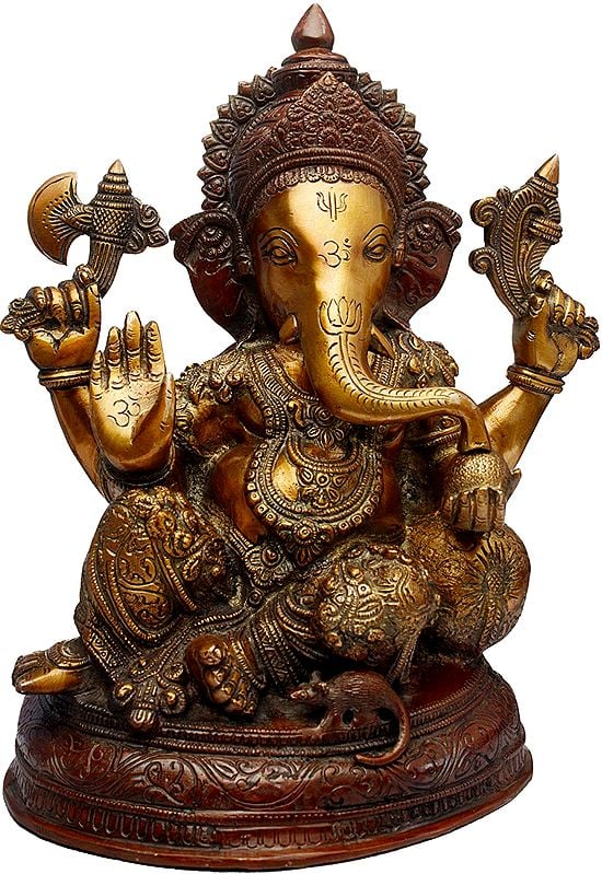 13" Resting Ganesha with Pillow Statue In Brass | Handmade | Made In India