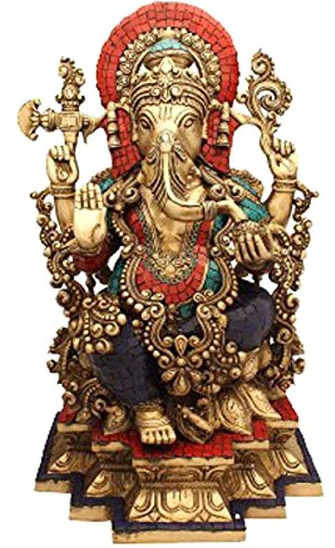  19" Bhagawan Ganapati (Lord Ganesha Inlay Statue) In Brass | Handmade | Made In India
