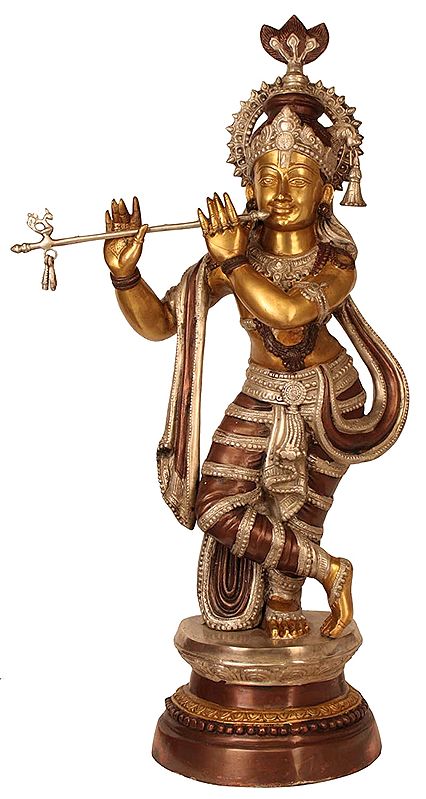 41" Krishna Standing with Flute In Brass | Handmade | Made In India