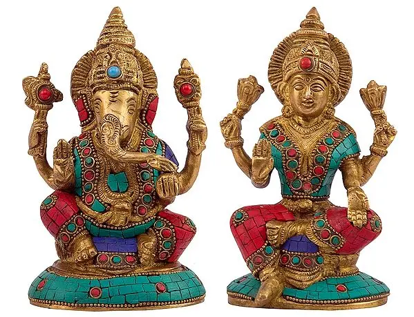 Ganesha Lakshmi Statue With Inlay Work