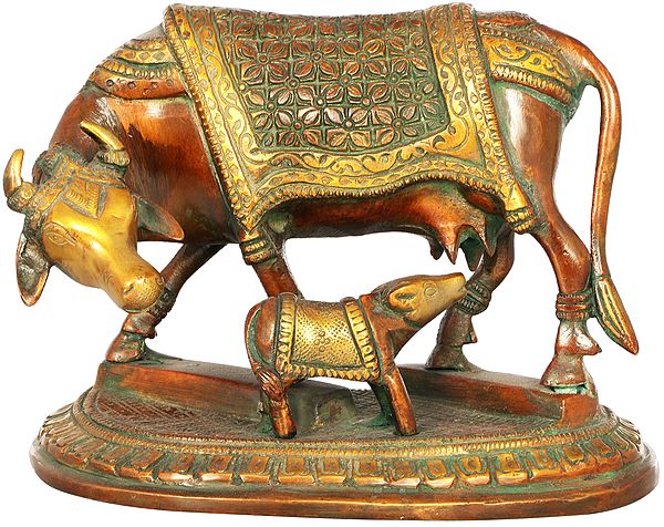 7" Brass Cow and Calf Sculpture | Handmade | Made in India