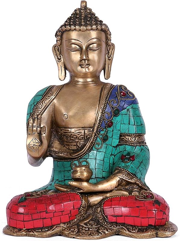 Lord Buddha in Vitark Mudra Brass Statue with Inlay Work