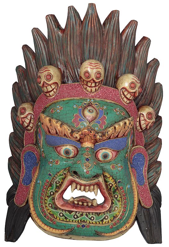 Wrathful Wall Hanging Mask of Tibetan Buddhist Deity Mahakala - From Nepal