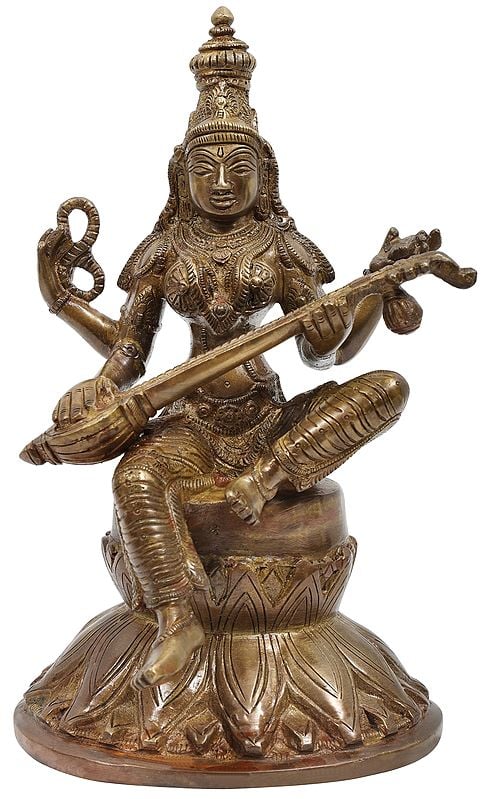 9" Goddess Saraswati Seated on Lotus In Brass | Handmade | Made In India