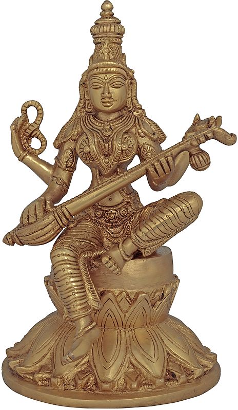 9" Goddess Saraswati Seated on Lotus In Brass | Handmade | Made In India