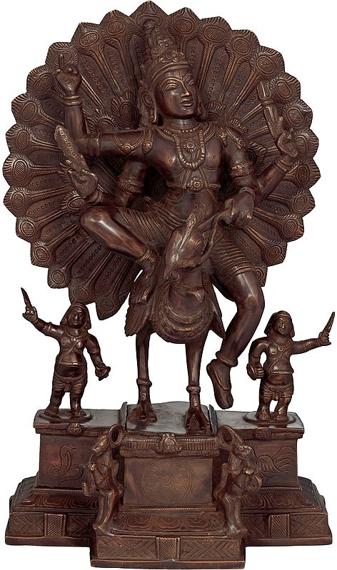 17" Karttikeya Riding On His Vahana Peacock In Brass | Handmade | Made In India