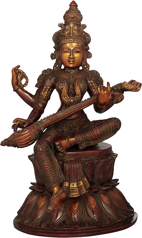 14" The Beauteous Saraswati Strumming On Her Goad-Veena | Handmade | Brass Statue | Made In India