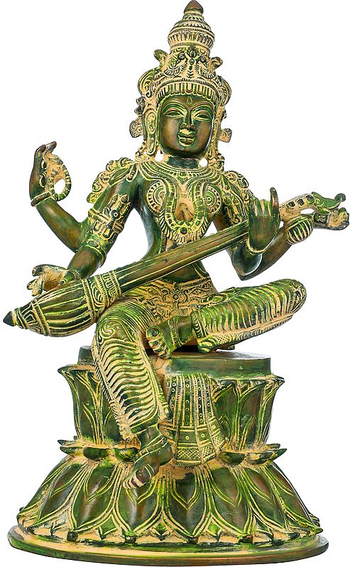 14" The Beauteous Saraswati Strumming On Her Goad-Veena | Handmade | Brass Statue | Made In India