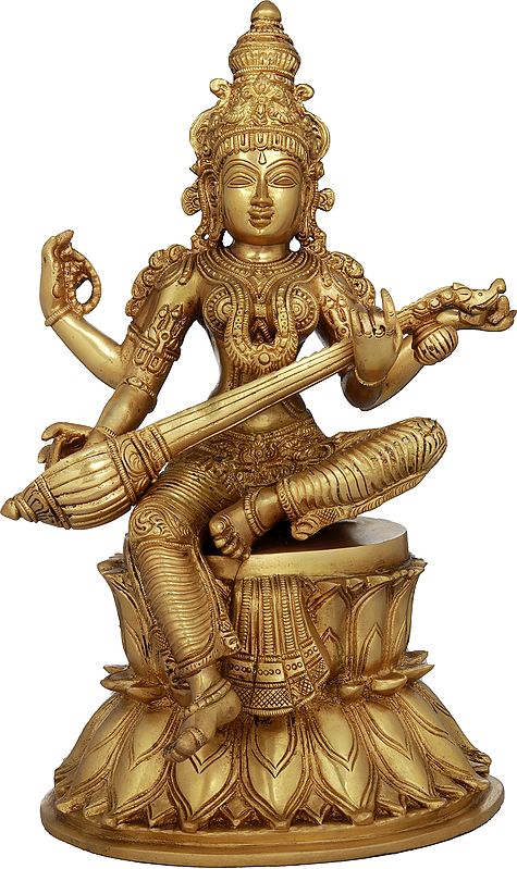 14" The Beauteous Saraswati Strumming On Her Goad-Veena | Handmade | Brass Statue | Made In India