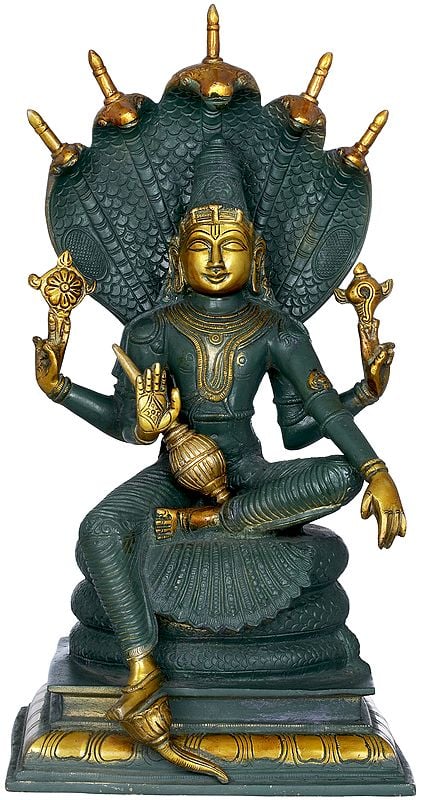 Brass Statue Color Antique Black Color Exotic India Lord Vishnu Seated with Lakshmi 