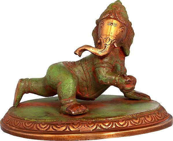 3" Crawling Baby Ganesha Idol in Brass | Handmade | Made in India