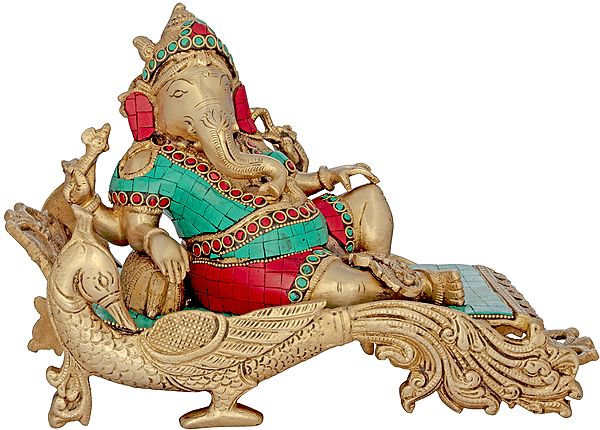 11" Ganesha Idol Relaxing on Peacock Recliner | Handmade Brass Statue with Inlay