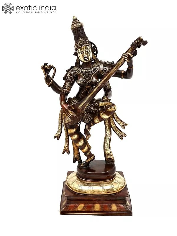 32" Dancing Goddess Saraswati Playing Veena | Brass Statue | Made In India