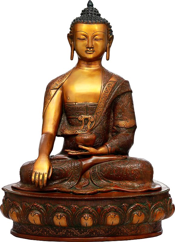20" Lord Buddha in Earth Touching Gesture Wearing a Fullly Carved Robe (Tibetan Buddhist) In Brass | Handmade | Made In India