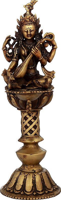 Pooja Lamp with Nepalese Form of Goddess Saraswati - Made in Nepal