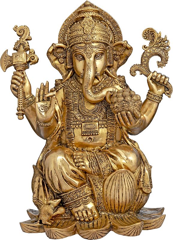 16" Richly Adorned Kamalasana Ganesha, His Lifelike Gaze Encompassing The World In Brass | Handmade | Made In India