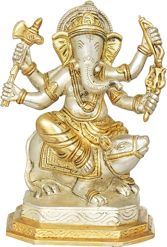5" Brass Lord Ganesha Statue Seated on a Rat | Handmade | Made In India
