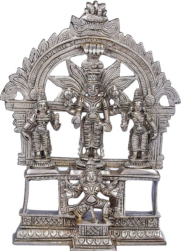 7" Lord Vishnu with Lakshmi and Bhudevi on Garuda Pedestal In Brass | Handmade | Made In India