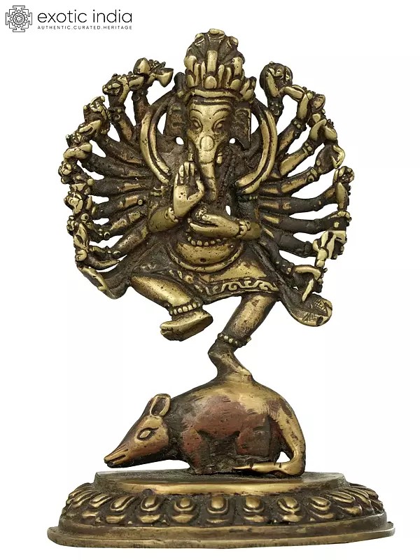 Eighteen Armed Ganesha Dancing on Rat - Made in Nepal