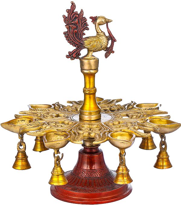 13" Seven Wicks Peacock Lamp with Bells in Brass | Handmade | Made in India