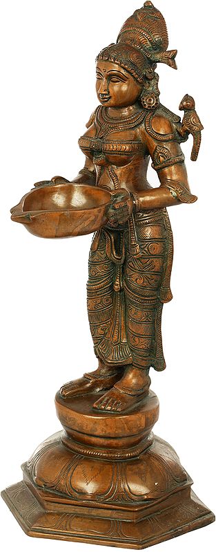 17" Brass Deepalakshmi with Parrot on Her Shoulder | Handmade | Made in India