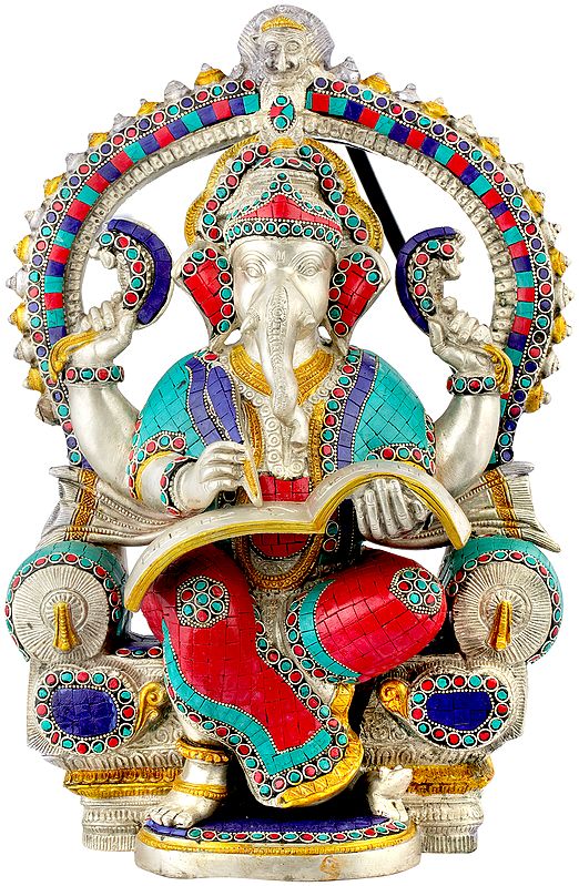 17" Raja Ganesha Writing The Mahabharata In Brass | Handmade | Made In India