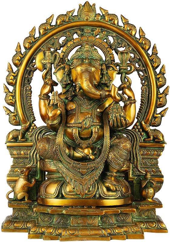 18" Ganesha On A Lotus Throne, His Aureole Composed Of Marching Mice In Brass | Handmade | Made In India