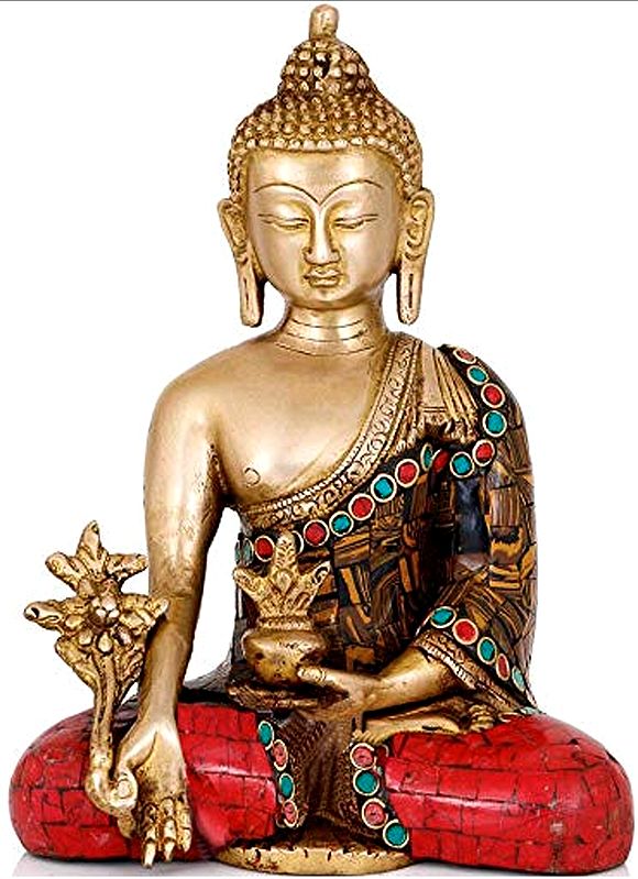 7" Tibetan Buddhist Deity Medicine Buddha with Inlay Work In Brass | Handmade | Made In India
