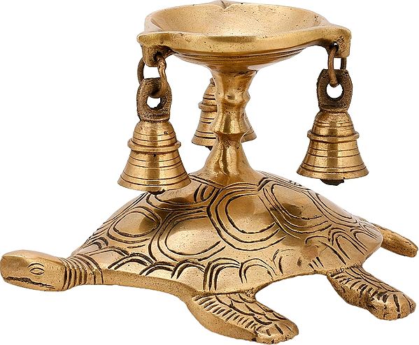 9" Brass Tortoise Oil Lamp with Hanging Bells | Handmade Brass Diya | Made in India