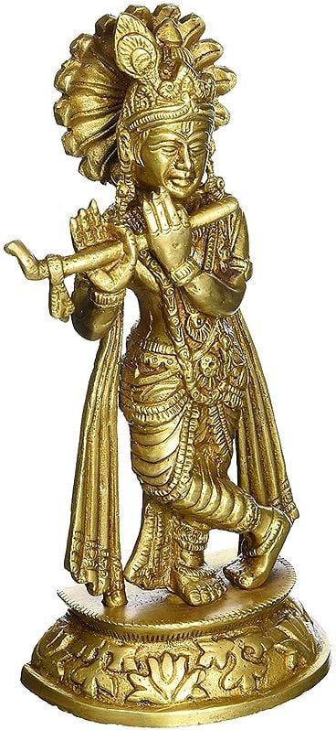 7" Lord Krishna Playing Flute In Brass | Handmade | Made In India