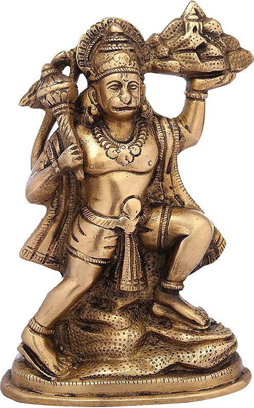 7" Brass Lord Hanuman Statue Holding the Mountain of Herbs (Sanjeevani Booti) | Handmade | Made in India