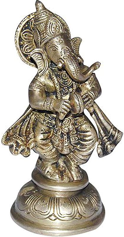 5" Lord Ganesha Playing Manjira In Brass | Handmade | Made In India