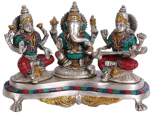 8" Lord Ganesha with Goddess Lakshmi and Saraswati In Brass | Handmade | Made In India