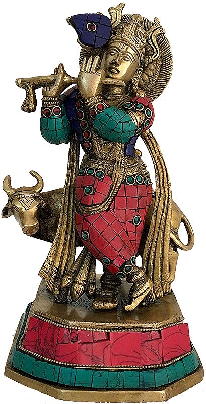 10" Lord Krishna Statue with Cow in Brass | Handmade | Made in India