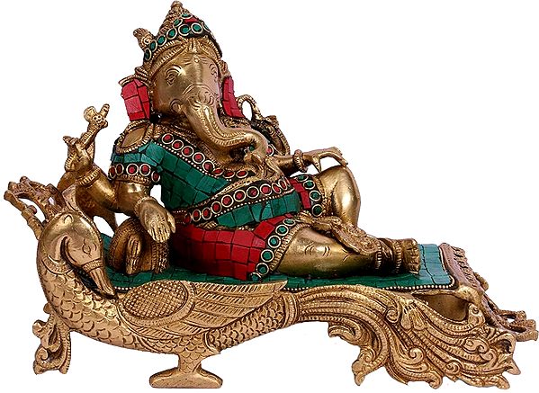 9" Lord Ganesha Resting on Peacock Chowki In Brass | Handmade | Made In India