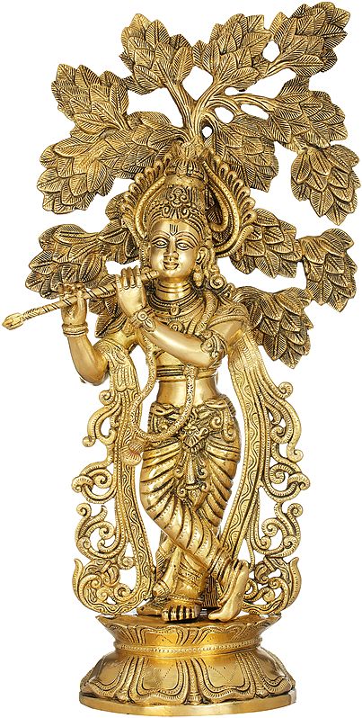 24" Krishna Brass Idol – Playing Music Under the Kadamba Tree | Handmade in India