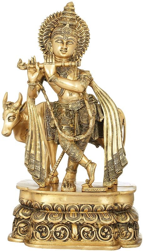 19" Tribhang Murari (Krishna) Plays While The Cow Listens In Brass | Handmade | Made In India