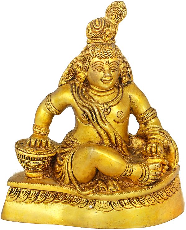 6" Lord Krishna Brass Idol - The Makhan Chor (Butter Thief) | Handmade | Made In India