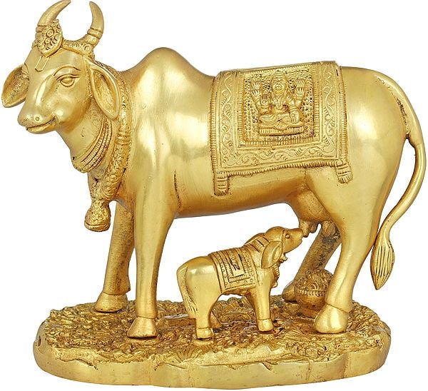 7" Mother Cow Brass Sculpture with Calf | Handmade | Made in India