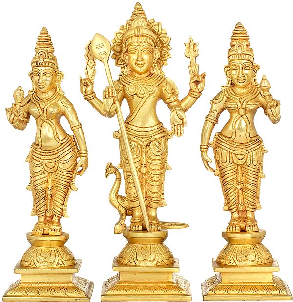 Karttikeya - Hindu War God With His Two Consorts