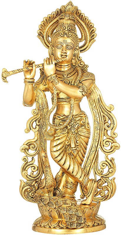 18" Fluting Krishna with Peacock In Brass | Handmade | Made In India