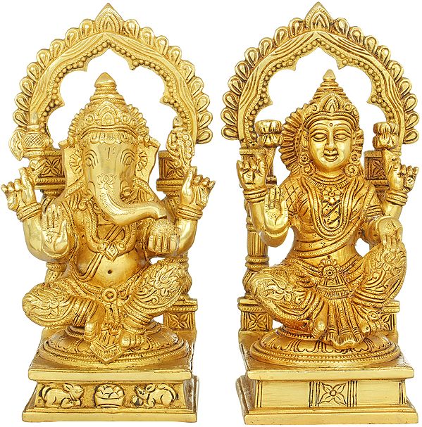9" Two Auspicious Deities - Ganesha and Lakshmi In Brass | Handmade | Made In India