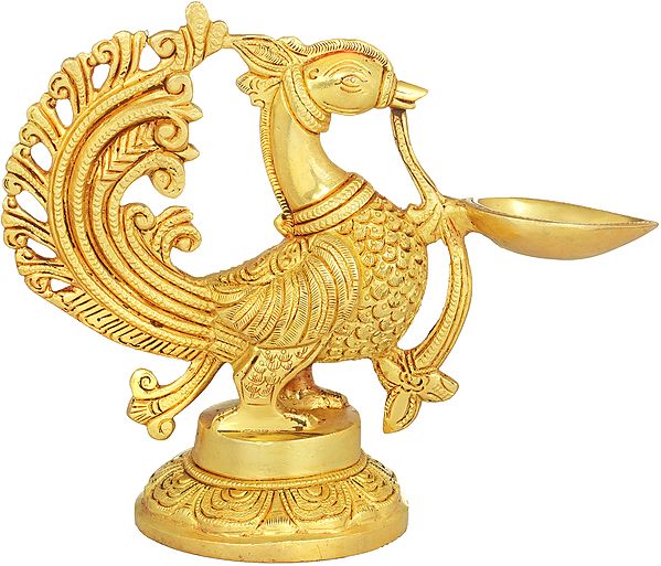 8" Peacock Puja Lamp in Brass | Handmade | Made in India