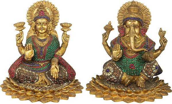 7" Lakshmi-Ganesha (Inlay Statues) In Brass | Handmade | Made In India