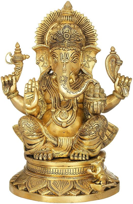 13" Chaturbhuja Ganesha Wearing a Carved Dhoti In Brass | Handmade | Made In India