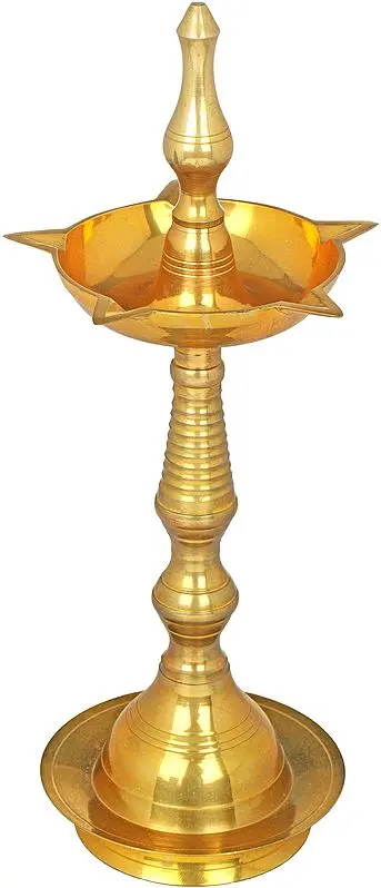 12" Five Wicks Puja Lamp In Brass | Handmade | Made In India