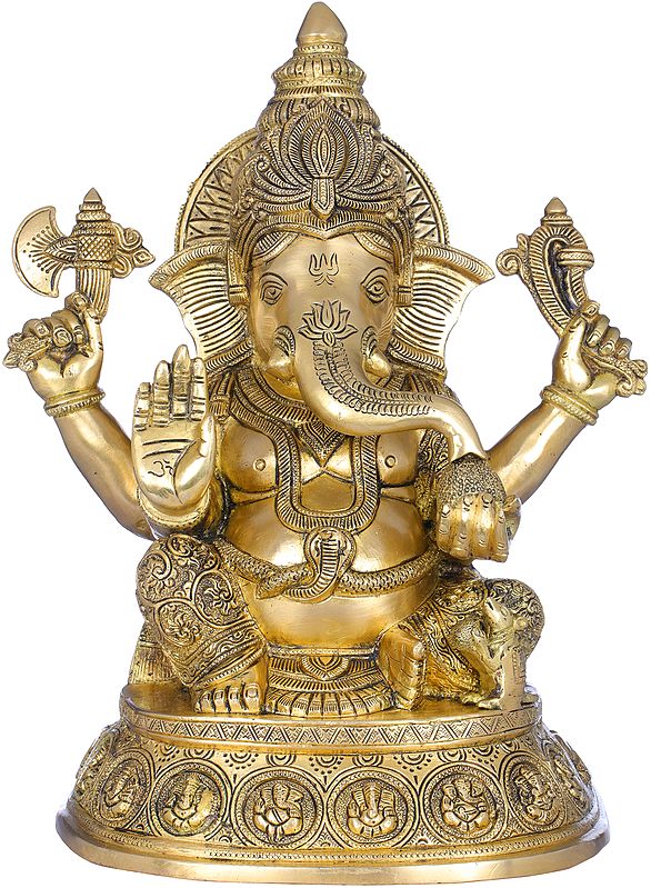 15" Abhaya Granting Ganesha Seated On a Base Decorated With His Figures In Brass | Handmade | Made In India