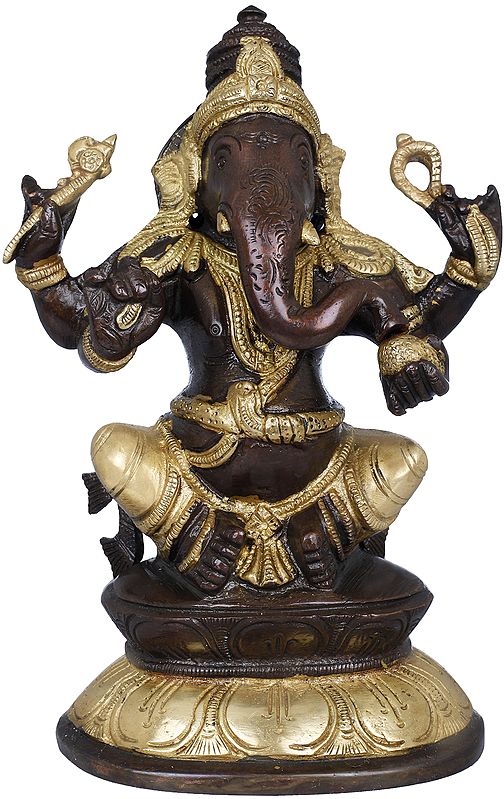7" Ganesha Statue on Double Lotus Base In Brass | Handmade | Made In India