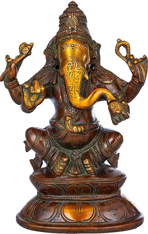 7" Ganesha Statue on Double Lotus Base In Brass | Handmade | Made In India
