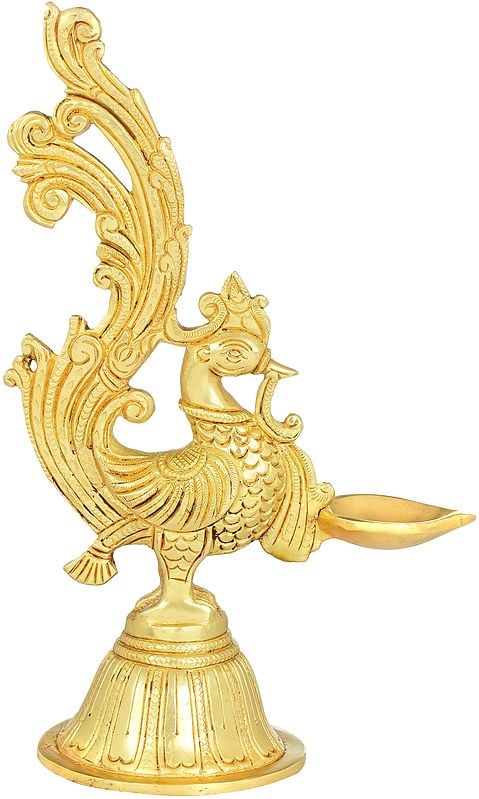 9" Peacock Puja Lamp In Brass | Handmade | Made In India